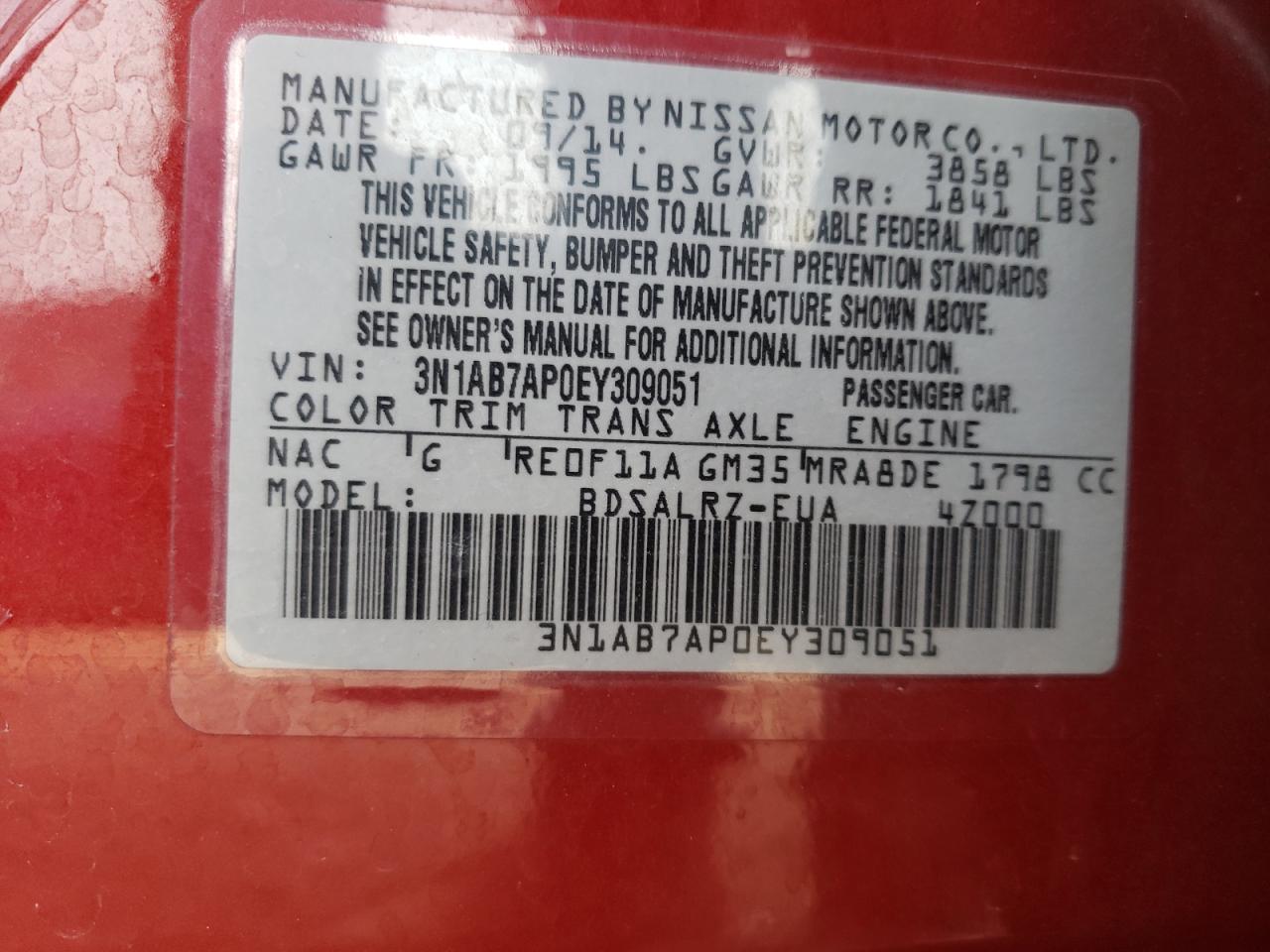 2014 Nissan Sentra VIN 3N1AB7AP0EY309051 Copart auction photo, side / front end damage thumbnail 12