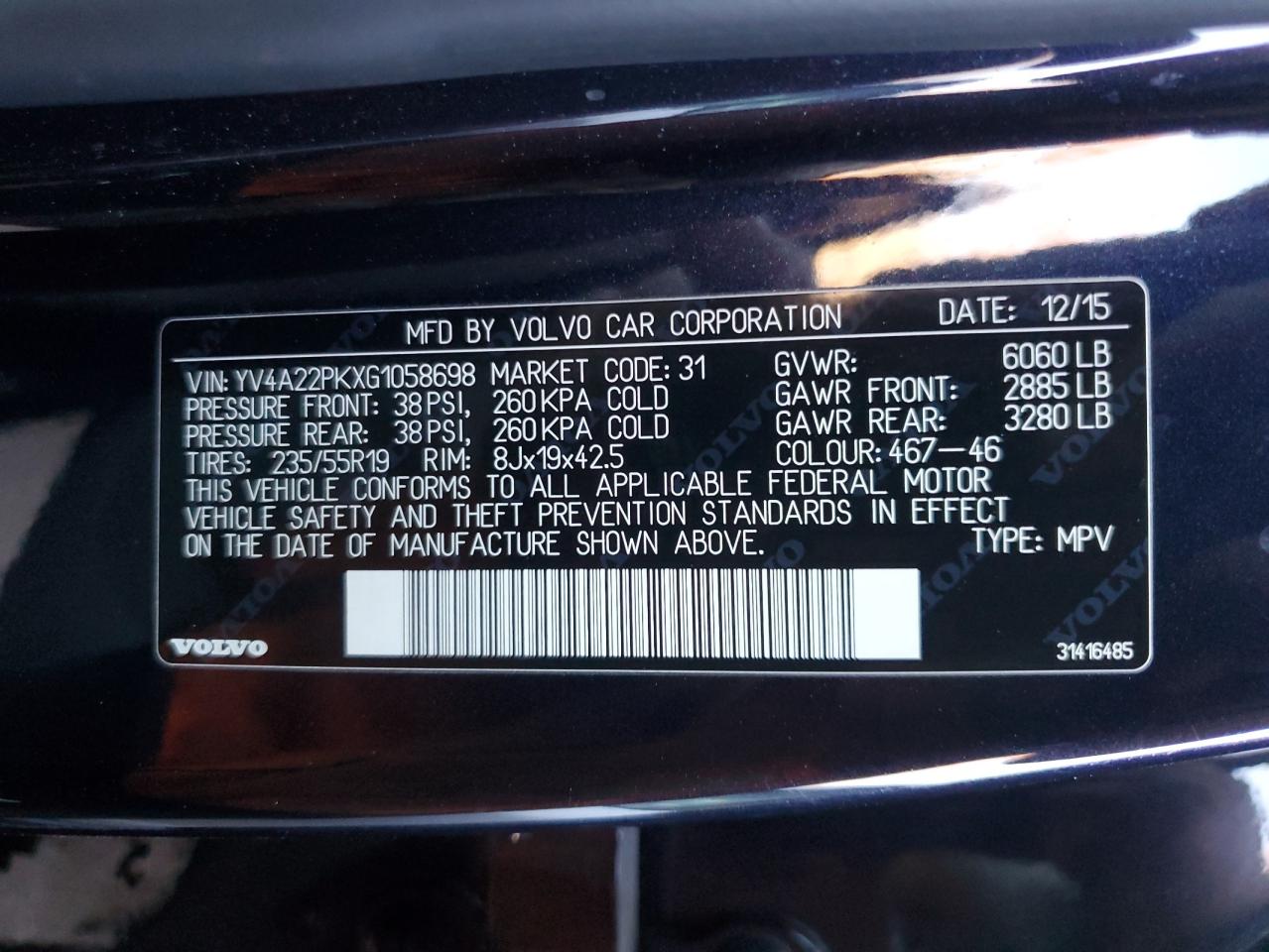 2016 Volvo XC90 VIN YV4A22PKXG1058698 Copart auction photo, minor dent/scratches damage thumbnail 13