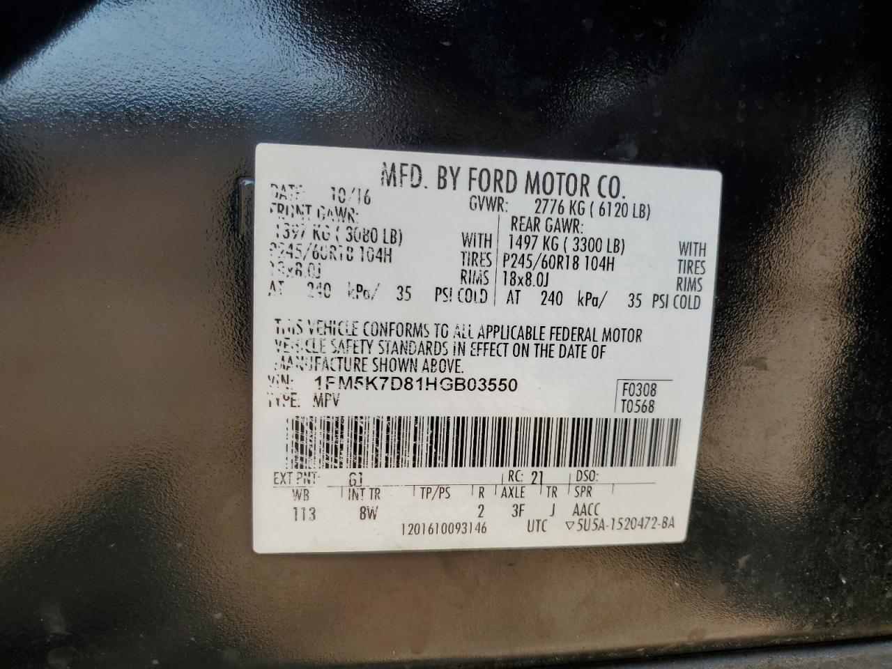 2017 Ford Explorer VIN 1FM5K7D81HGB03550 Copart auction photo, front end damage thumbnail 15