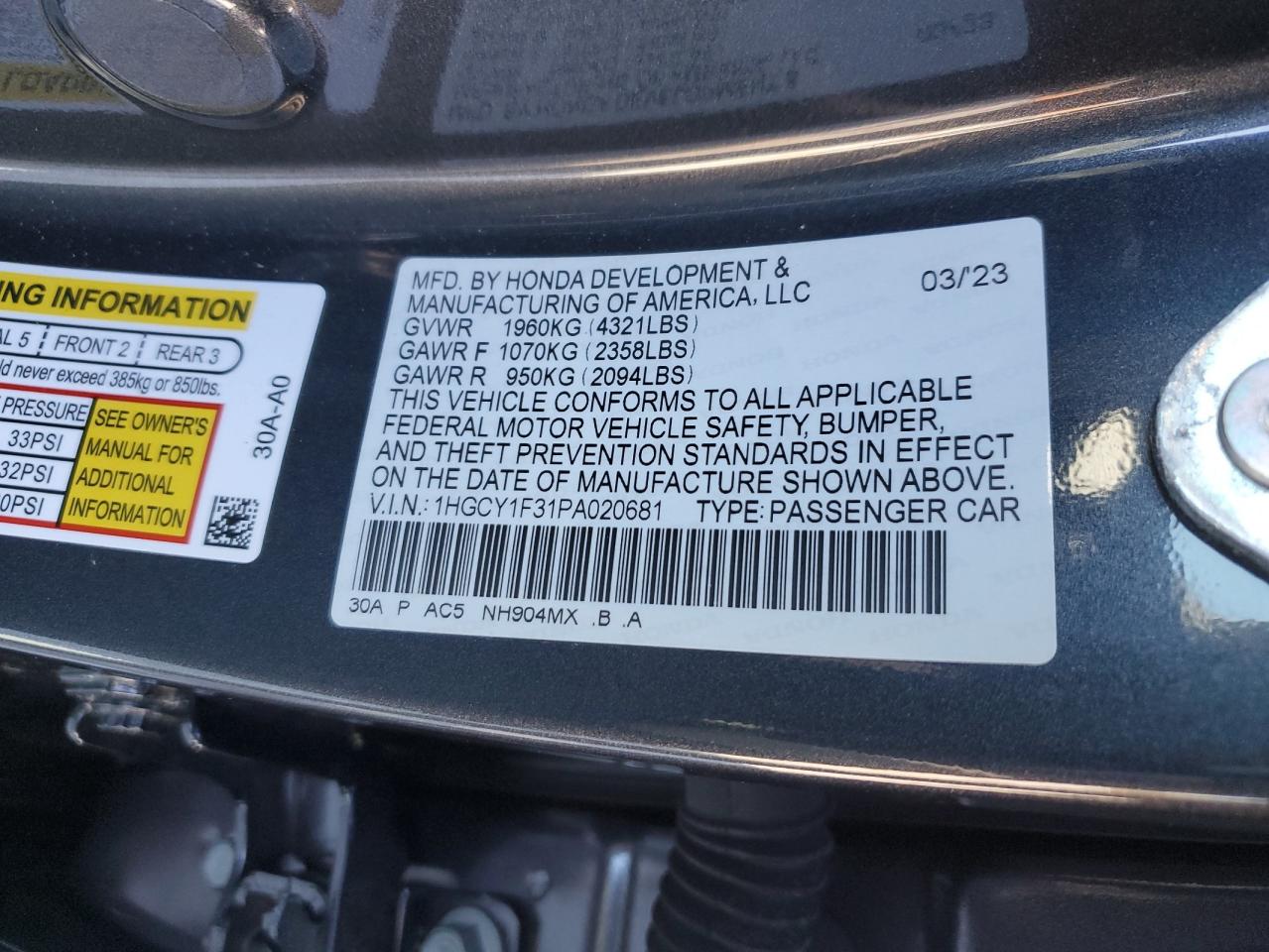 2023 Honda Accord VIN 1HGCY1F31PA020681 Copart auction photo, side / front end damage thumbnail 12