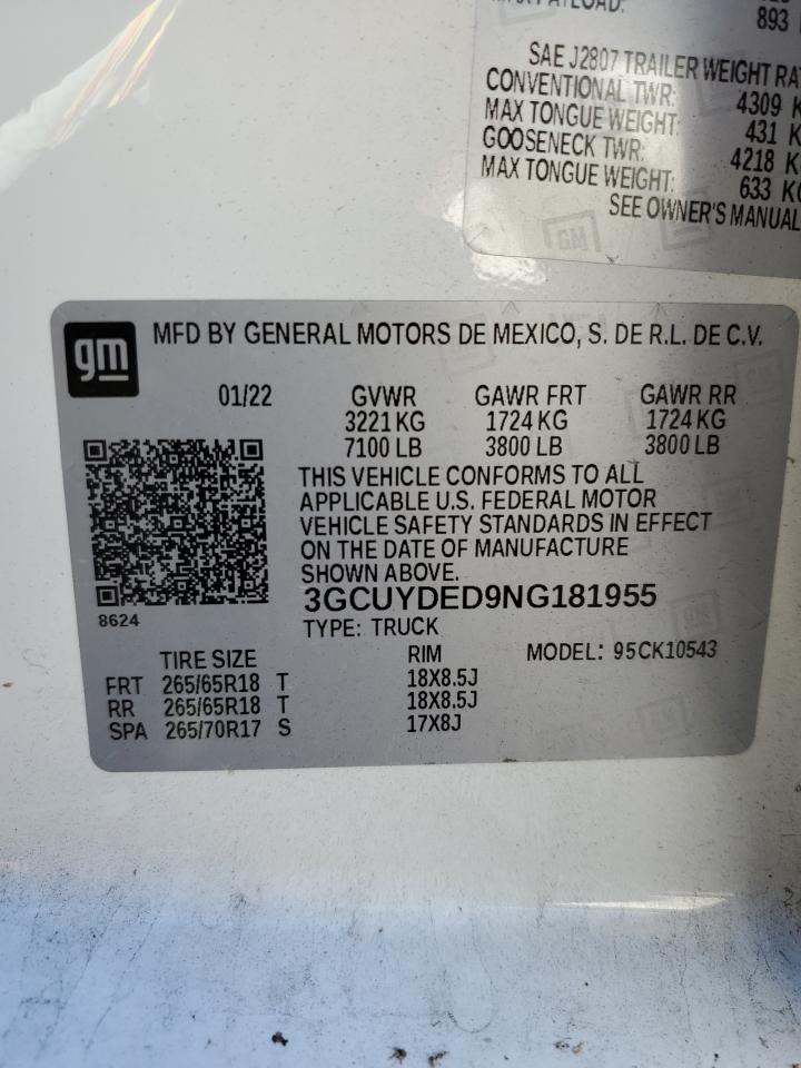 2022 Chevrolet Silverado VIN 3GCUYDED9NG181955 Copart auction photo, front end damage thumbnail 12