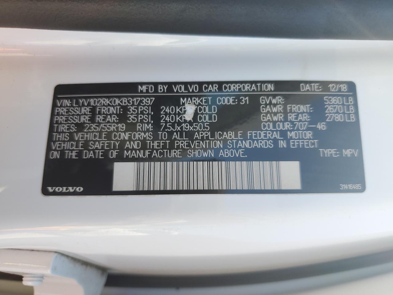 2019 Volvo XC60 VIN LYV102RK0KB317397 Copart auction photo, minor dent/scratches damage thumbnail 13