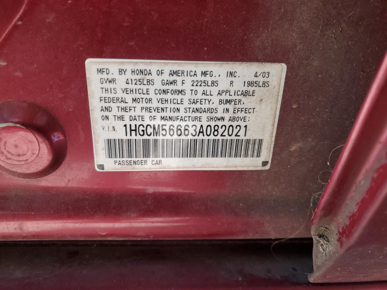 2003 Honda Accord VIN 1HGCM56663A082021 Copart auction photo, all over damage thumbnail 13