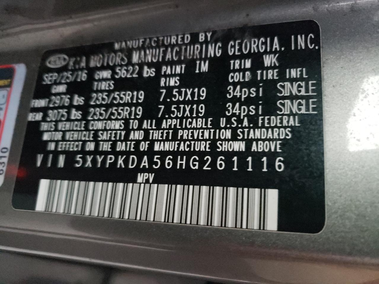 2017 KIA Sorento VIN 5XYPKDA56HG261116 Copart auction photo, front end damage thumbnail 15