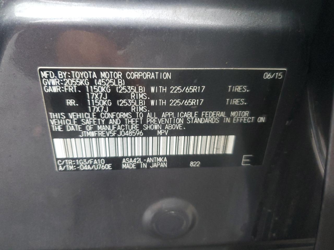 2015 Toyota RAV 4 VIN JTMWFREV5FJ048596 Copart auction photo, front end / minor dent/scratches damage thumbnail 13