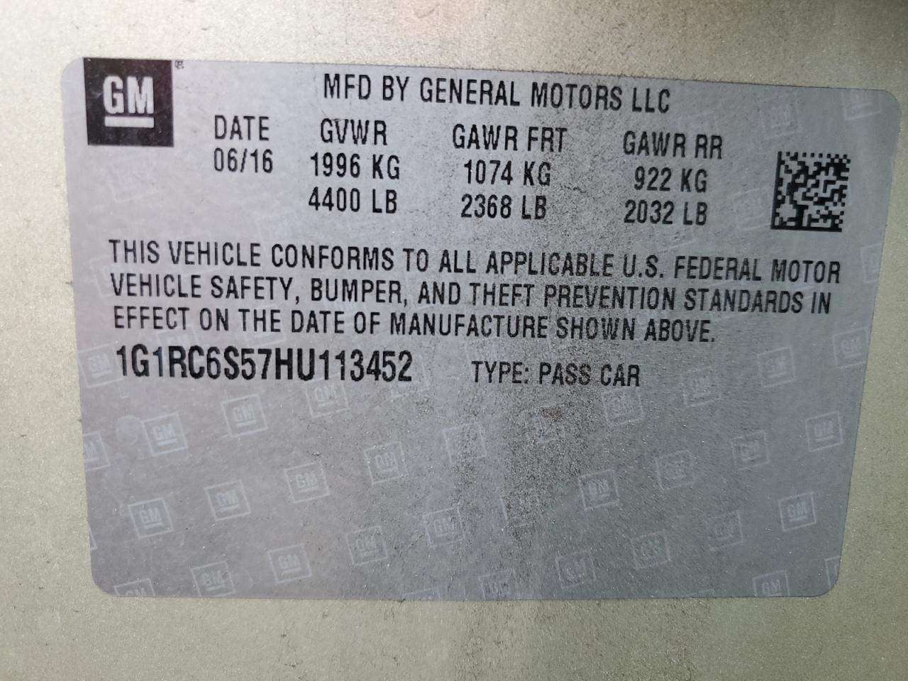 2017 Chevrolet Volt VIN 1G1RC6S57HU113452 Copart auction photo, rear end damage thumbnail 13