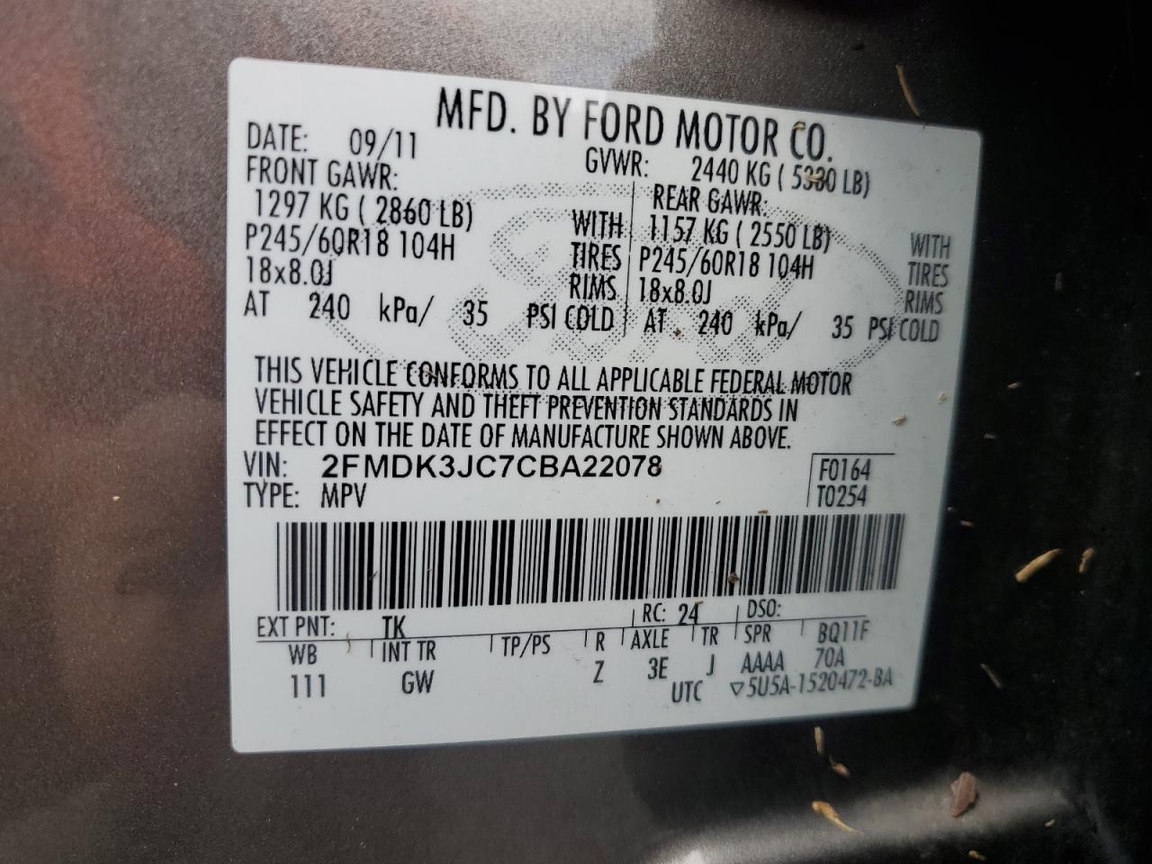 2012 Ford Edge VIN 2FMDK3JC7CBA22078 Copart auction photo, water/flood damage thumbnail 14