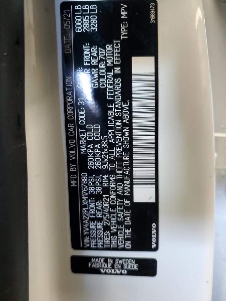 2021 Volvo XC90 VIN YV4A22PLXM1767880 Copart auction photo, front end damage thumbnail 14