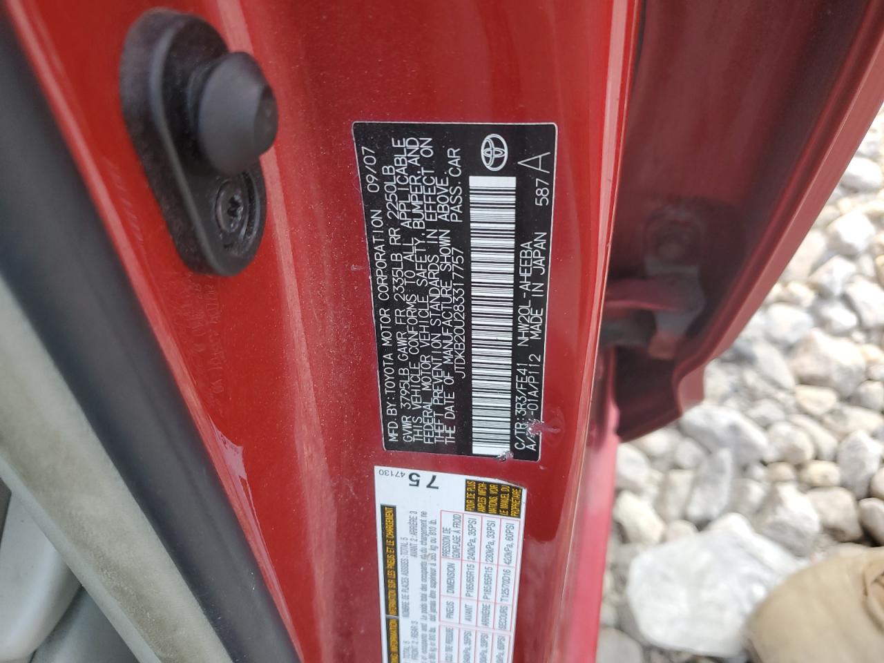2008 Toyota Prius VIN JTDKB20U283317757 Copart auction photo, front end / minor dent/scratches damage thumbnail 14
