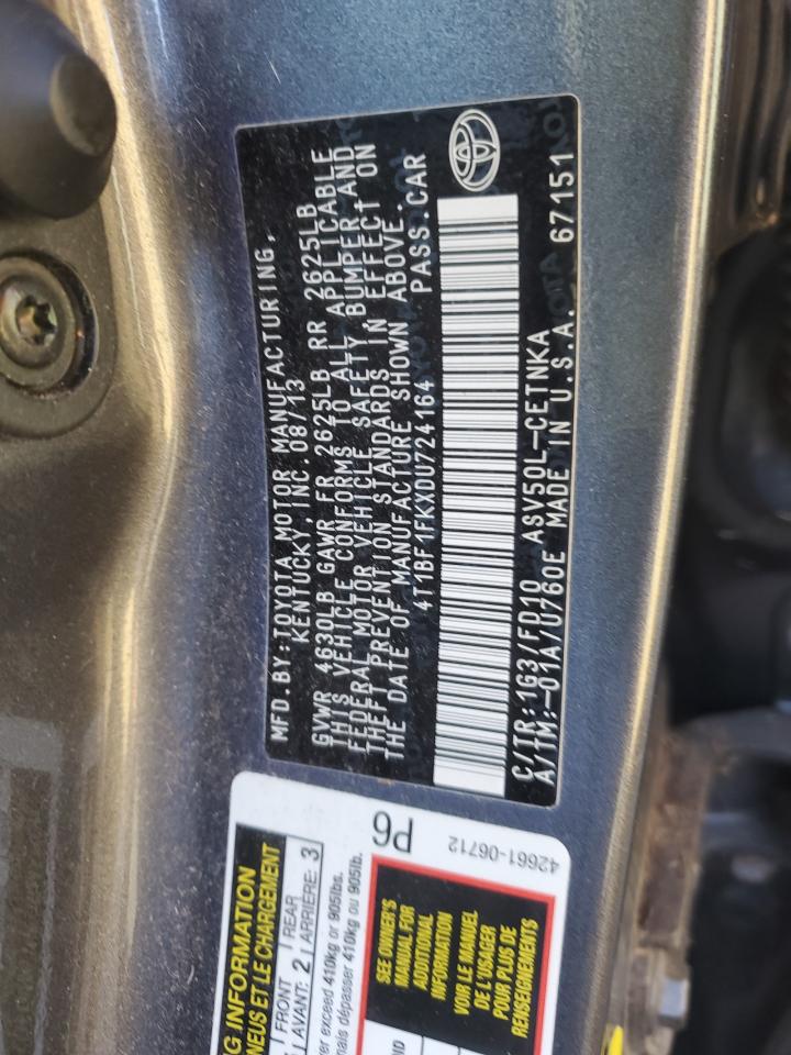 2013 Toyota Camry VIN 4T1BF1FKXDU724164 Copart auction photo, all over / undercarriage damage thumbnail 15