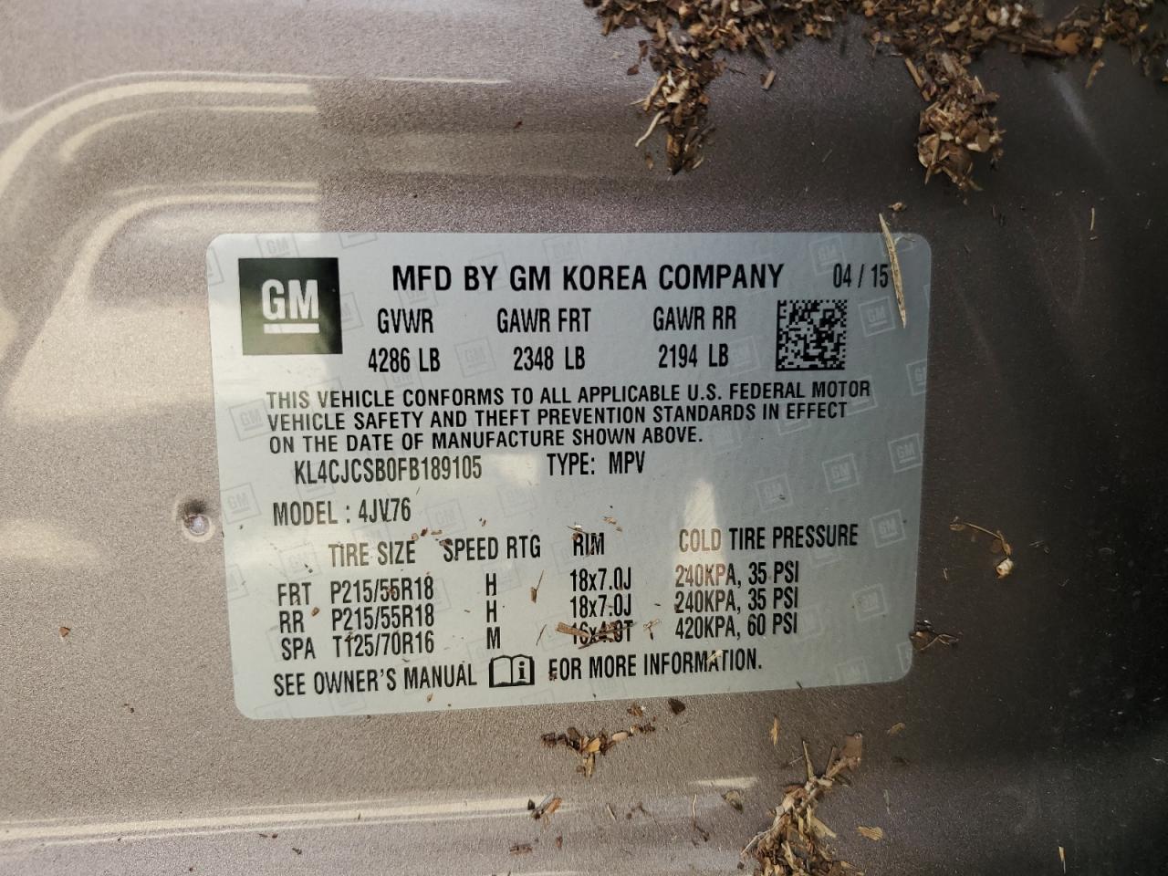 2015 Buick Encore VIN KL4CJCSB0FB189105 Copart auction photo, water/flood damage thumbnail 14