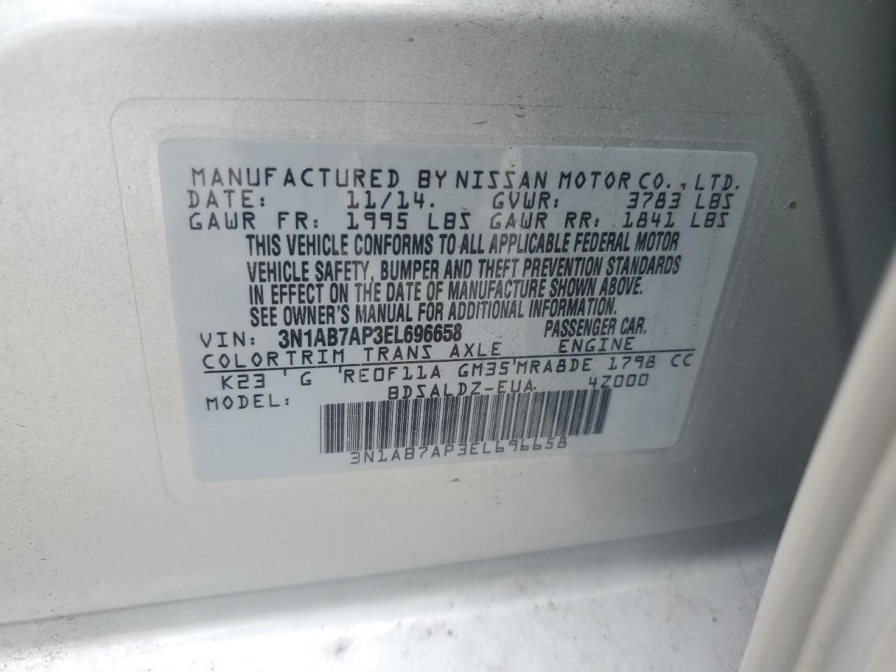 2014 Nissan Sentra VIN 3N1AB7AP3EL696658 Copart auction photo, front end / side damage thumbnail 13