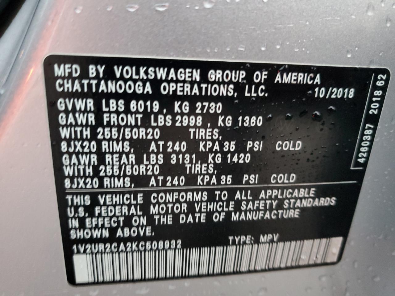 2019 Volkswagen Atlas VIN 1V2UR2CA2KC508932 Copart auction photo, rear end / front end damage thumbnail 13