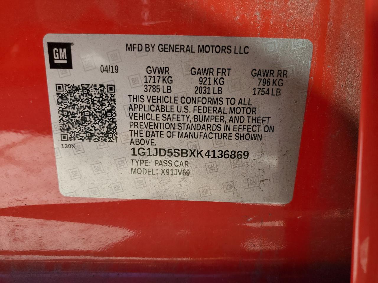 2019 Chevrolet Sonic VIN 1G1JD5SBXK4136869 Copart auction photo, front end damage thumbnail 12