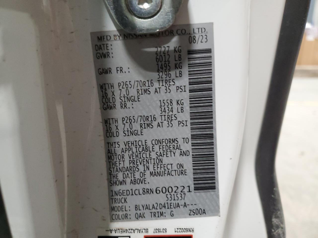 2024 Nissan Navara (Frontier) VIN 1N6ED1CL8RN600221 Copart auction photo, front end damage thumbnail 12