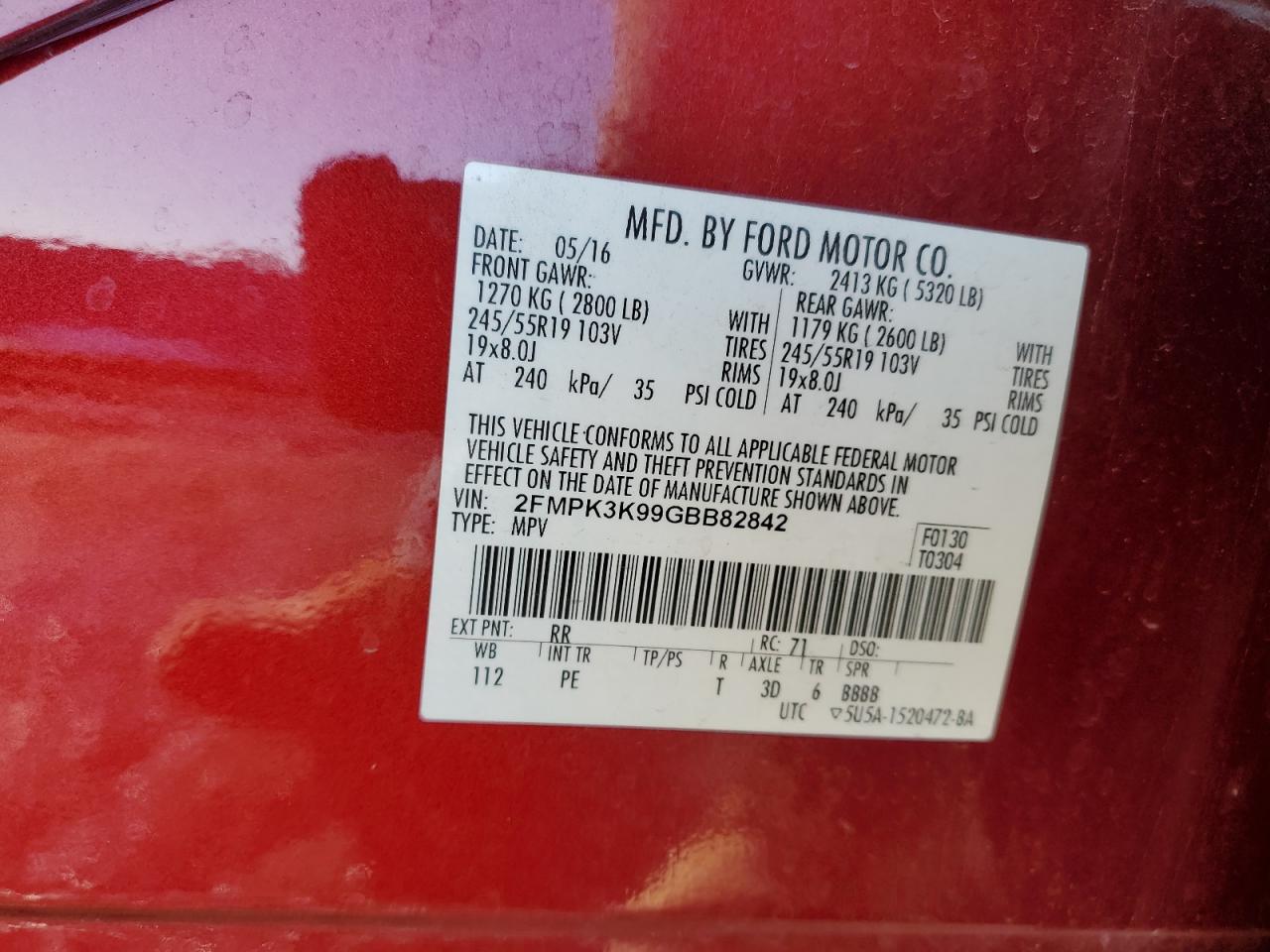 2016 Ford Edge VIN 2FMPK3K99GBB82842 Copart auction photo, front end damage thumbnail 13