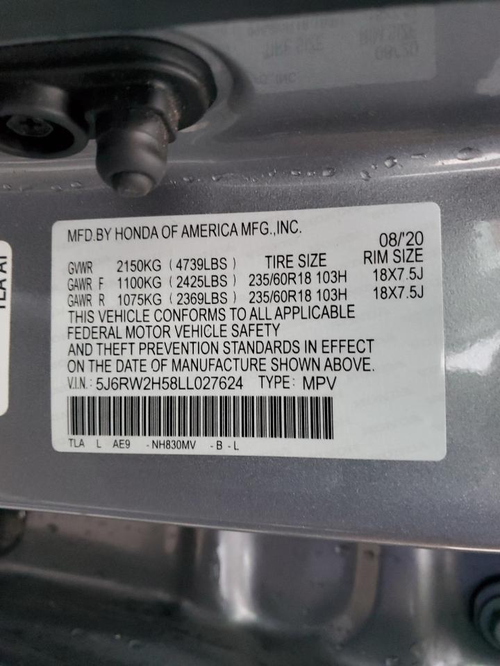 2020 Honda CR-V VIN 5J6RW2H58LL027624 Copart auction photo, front end damage thumbnail 14