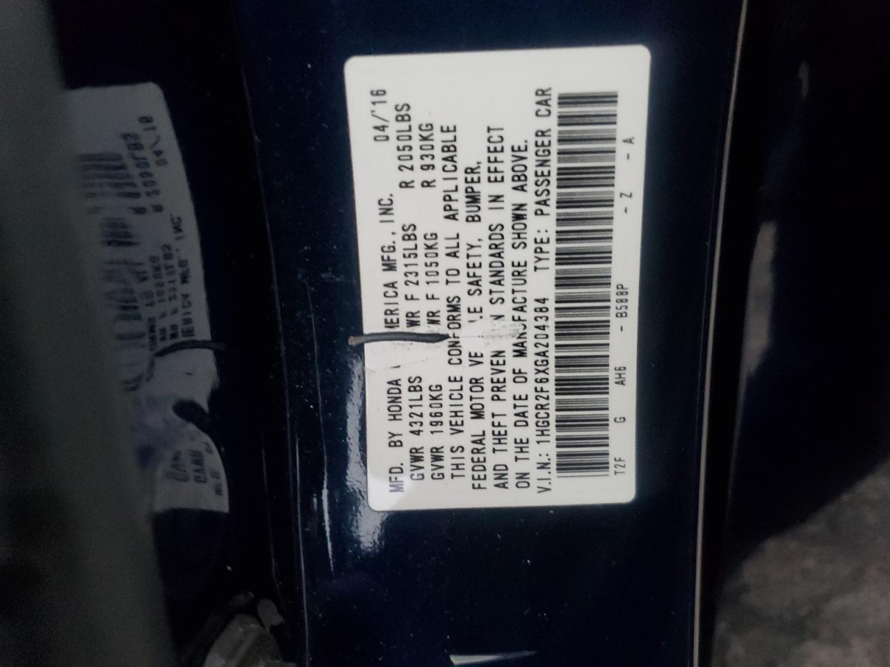 2016 Honda Accord VIN 1HGCR2F6XGA204384 Copart auction photo, front end damage thumbnail 15