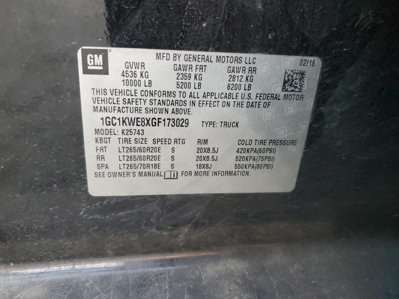 2016 Chevrolet Silverado VIN 1GC1KWE8XGF173029 Copart auction photo, all over damage thumbnail 12