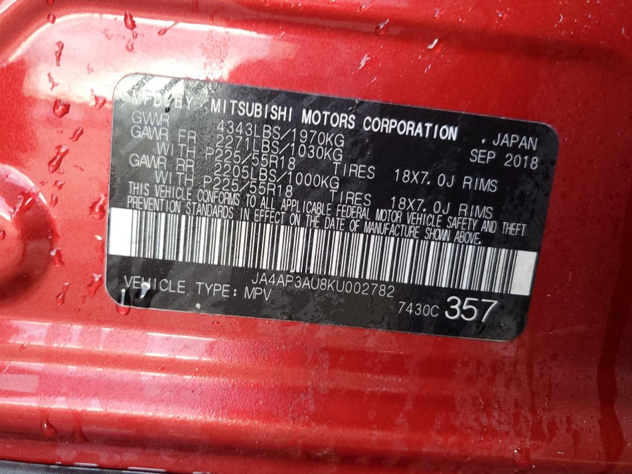 2019 Mitsubishi Outlander VIN JA4AP3AU8KU002782 Copart auction photo, front end damage thumbnail 13