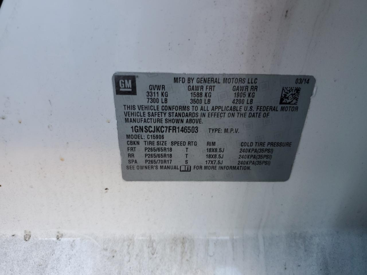 2015 Chevrolet Suburban VIN 1GNSCJKC7FR146503 Copart auction photo, front end damage thumbnail 13