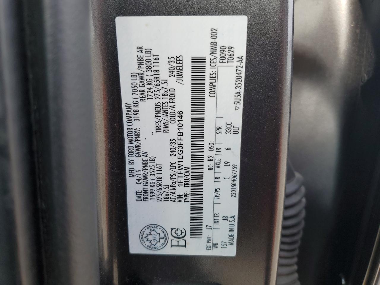 2015 Ford F-150 VIN 1FTFW1EG3FFB10146 Copart auction photo, side damage thumbnail 12