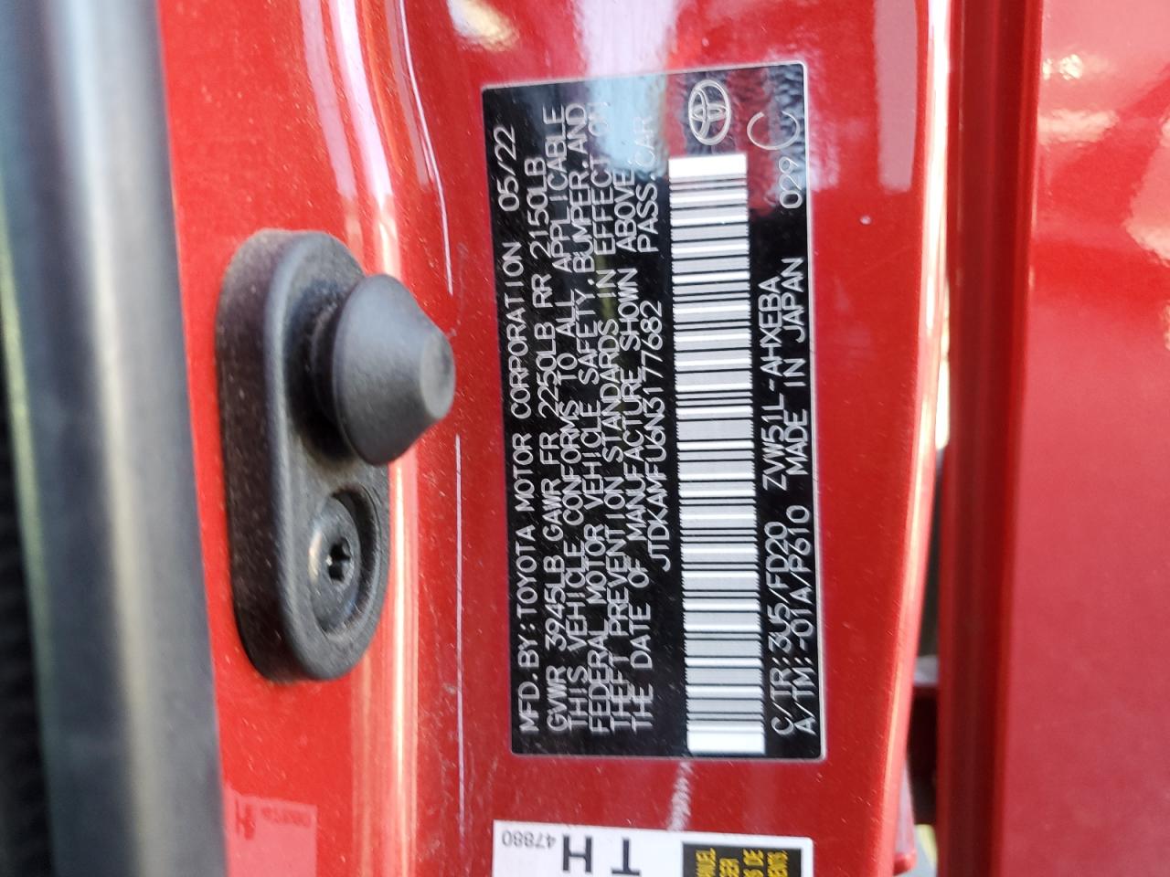 2022 Toyota Prius VIN JTDKAMFU6N3177682 Copart auction photo, front end / side damage thumbnail 15