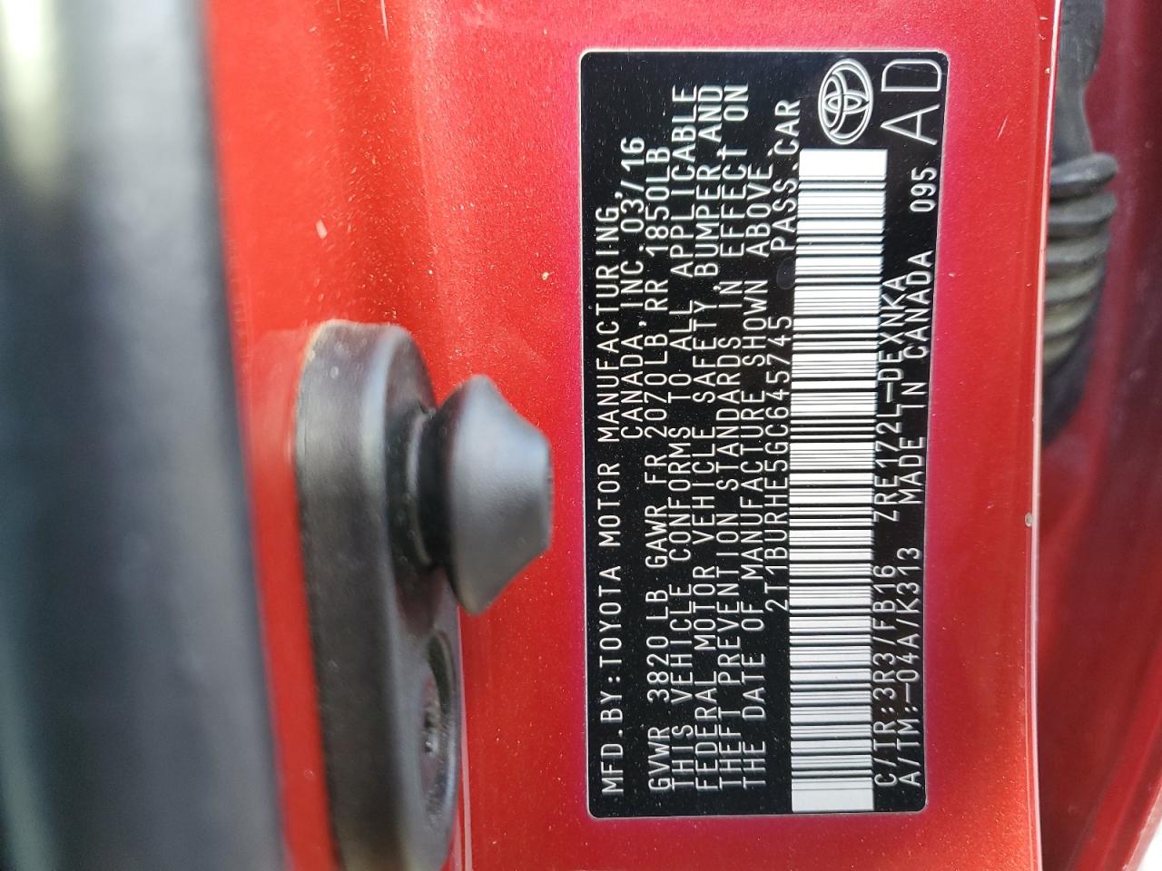 2016 Toyota Corolla VIN 2T1BURHE5GC645745 Copart auction photo, front end / rear end damage thumbnail 12