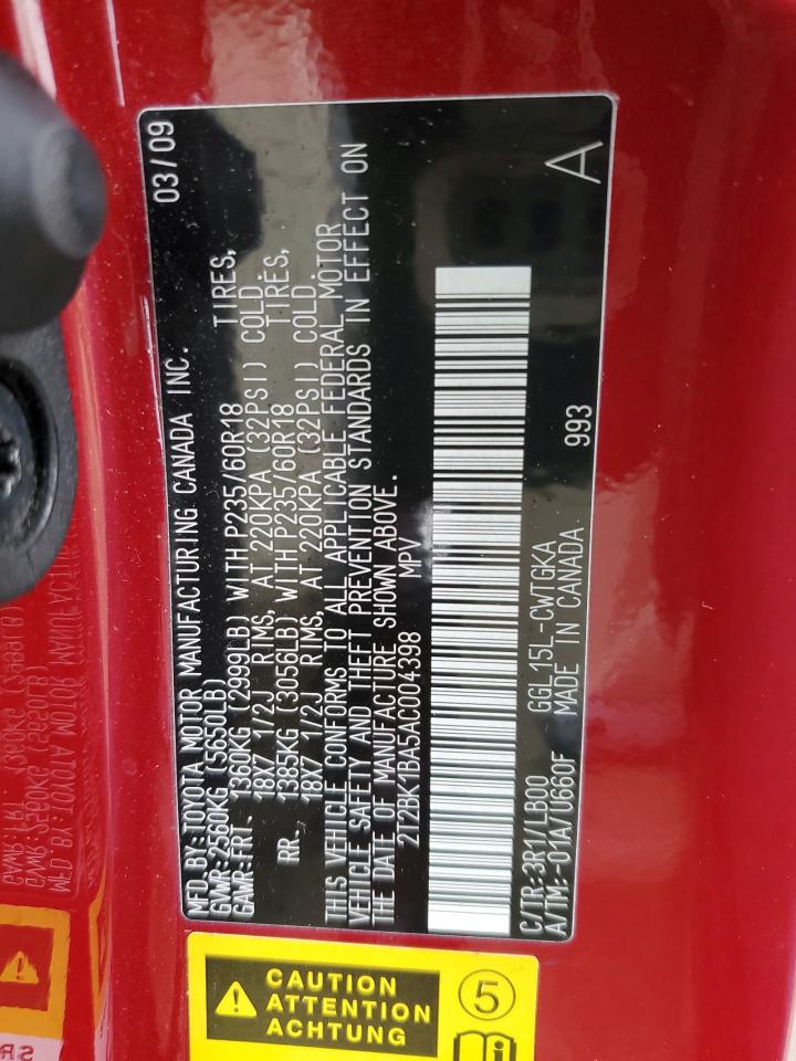 2010 Lexus RX VIN 2T2BK1BA5AC004398 Copart auction photo, front end damage thumbnail 15