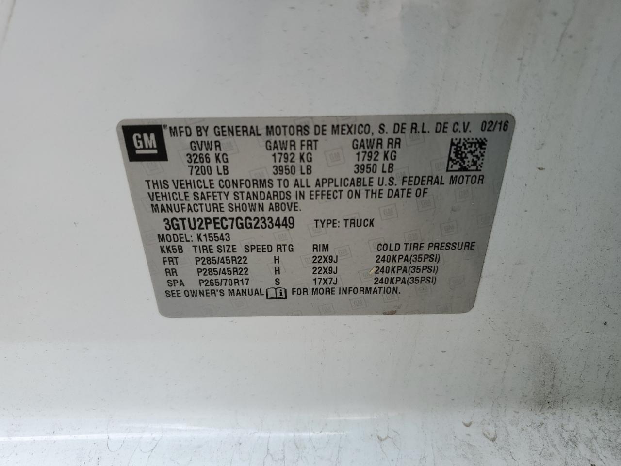 2016 GMC Sierra VIN 3GTU2PEC7GG233449 Copart auction photo, side / rear end damage thumbnail 12