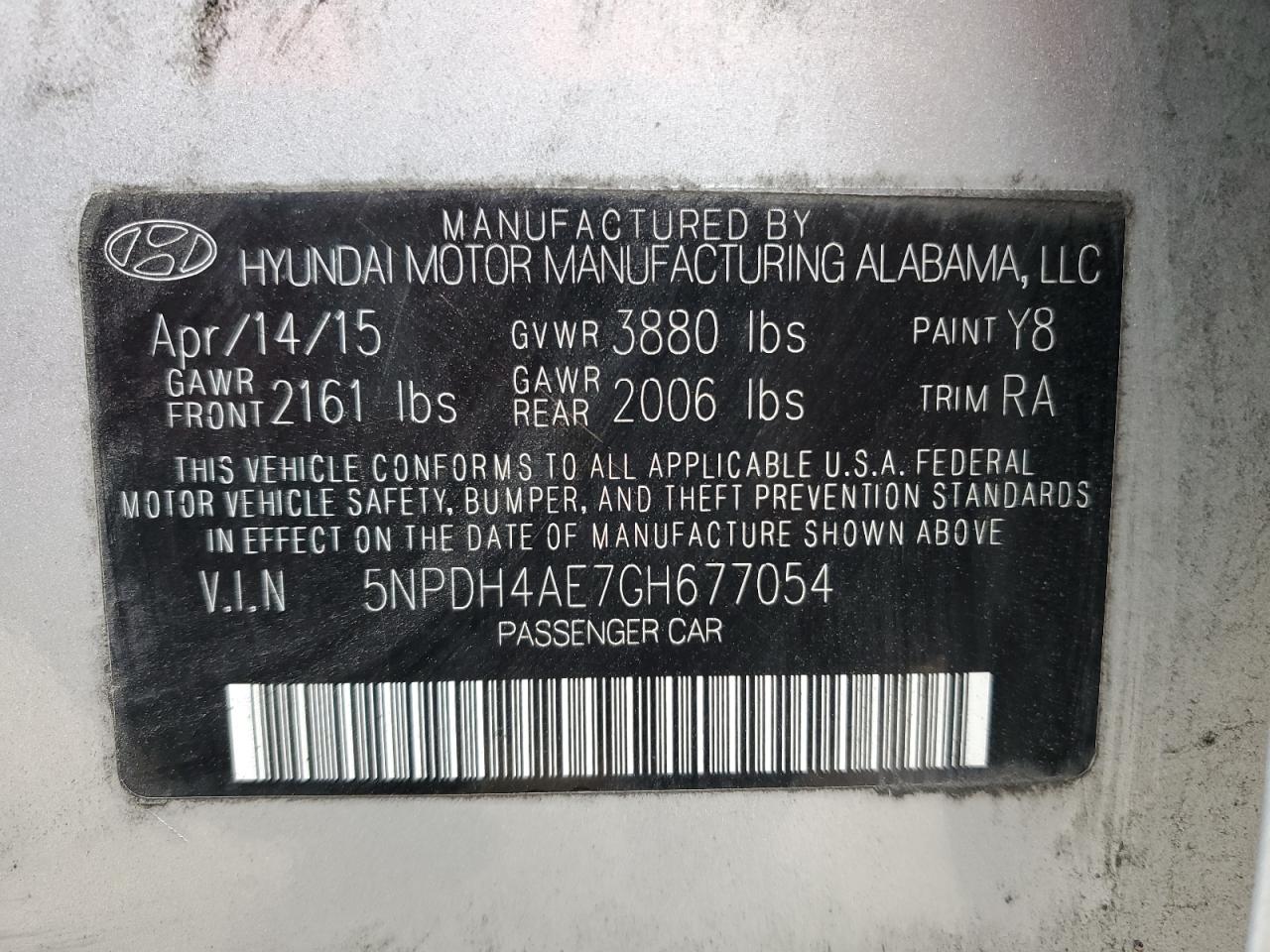 2016 Hyundai Elantra VIN 5NPDH4AE7GH677054 Copart auction photo, all over / minor dent/scratches damage thumbnail 12