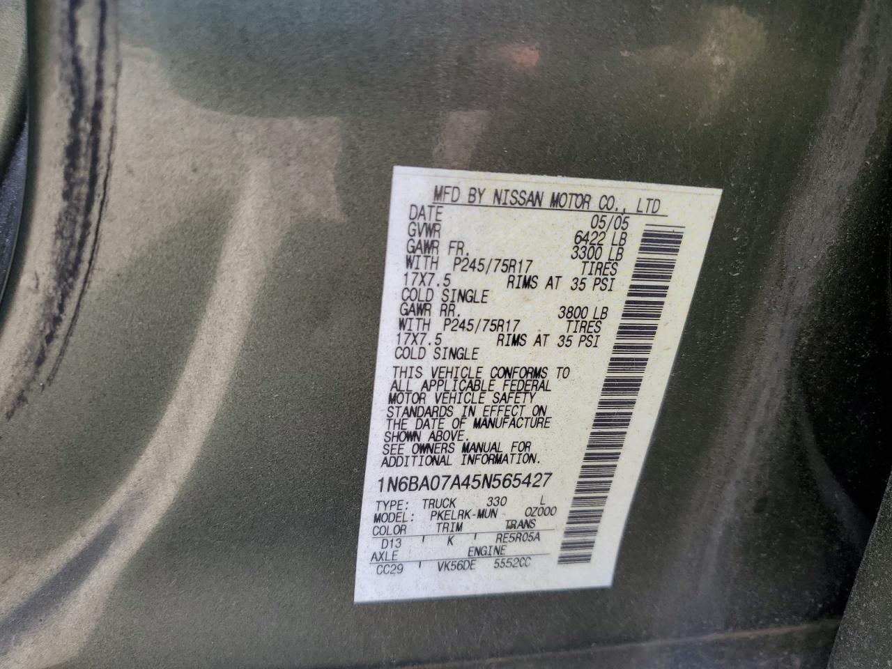 2005 Nissan Titan VIN 1N6BA07A45N565427 Copart auction photo, front end / rear end damage thumbnail 13