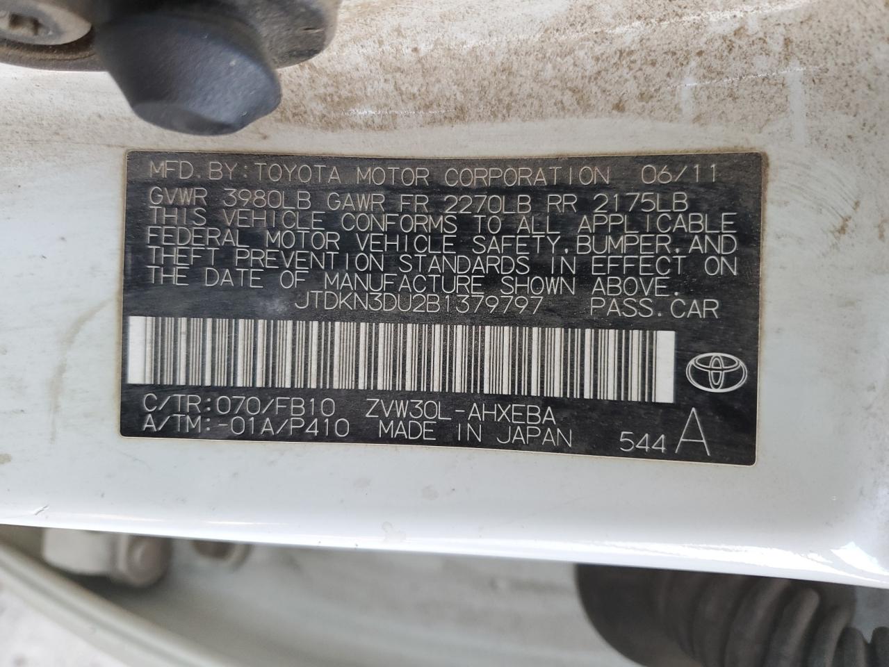 2011 Toyota Prius VIN JTDKN3DU2B1379797 Copart auction photo, side / rear end damage thumbnail 12