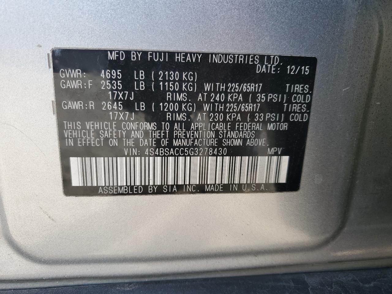 2016 Subaru Outback VIN 4S4BSACC5G3278430 Copart auction photo, rear end / side damage thumbnail 15