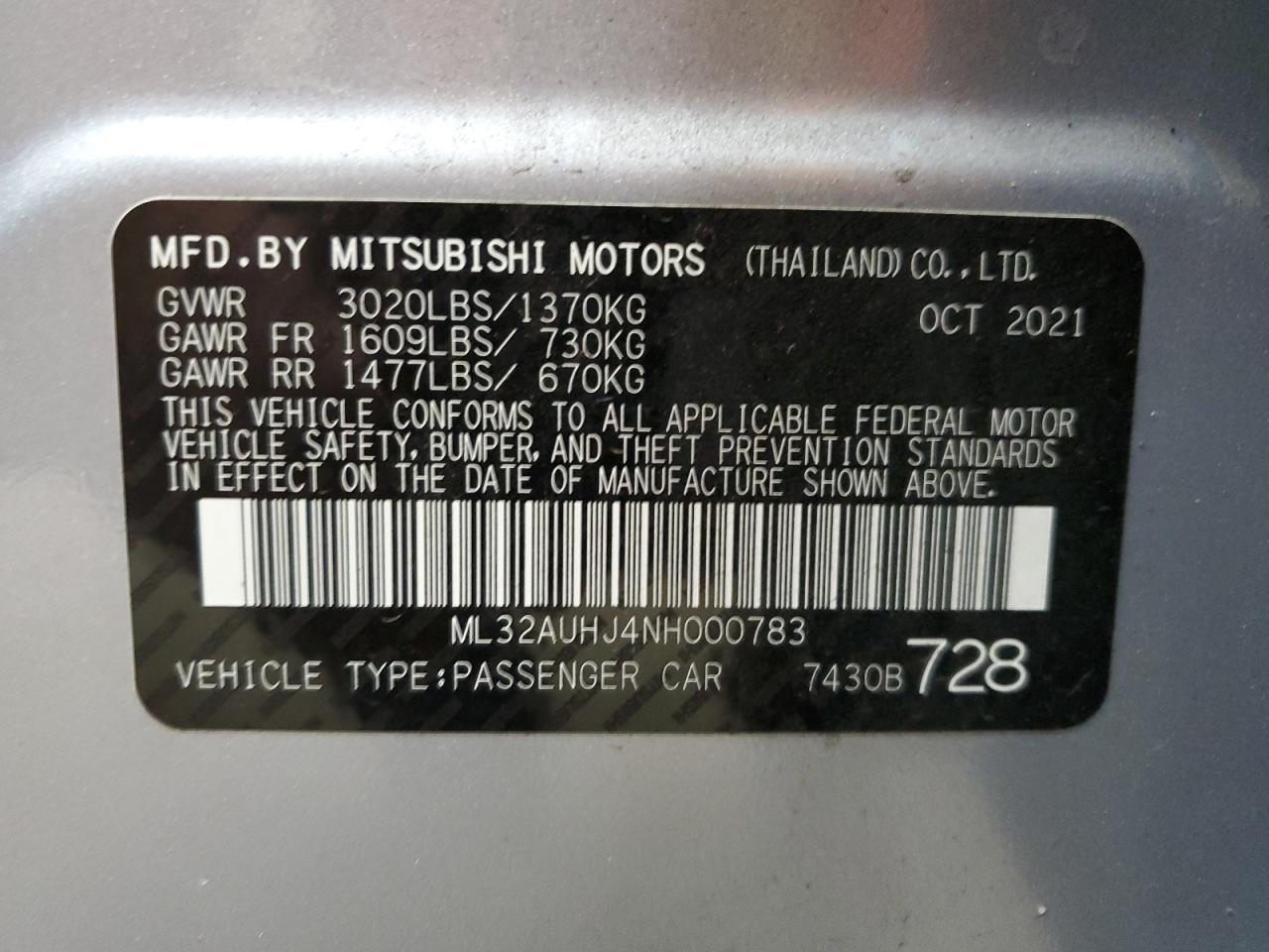 2022 Mitsubishi Mirage VIN ML32AUHJ4NH000783 Copart auction photo, front end / undercarriage damage thumbnail 12