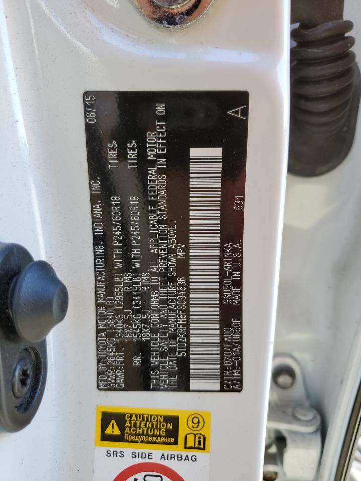 2015 Toyota Highlander VIN 5TDZKRFH6FS094636 Copart auction photo, side damage thumbnail 15