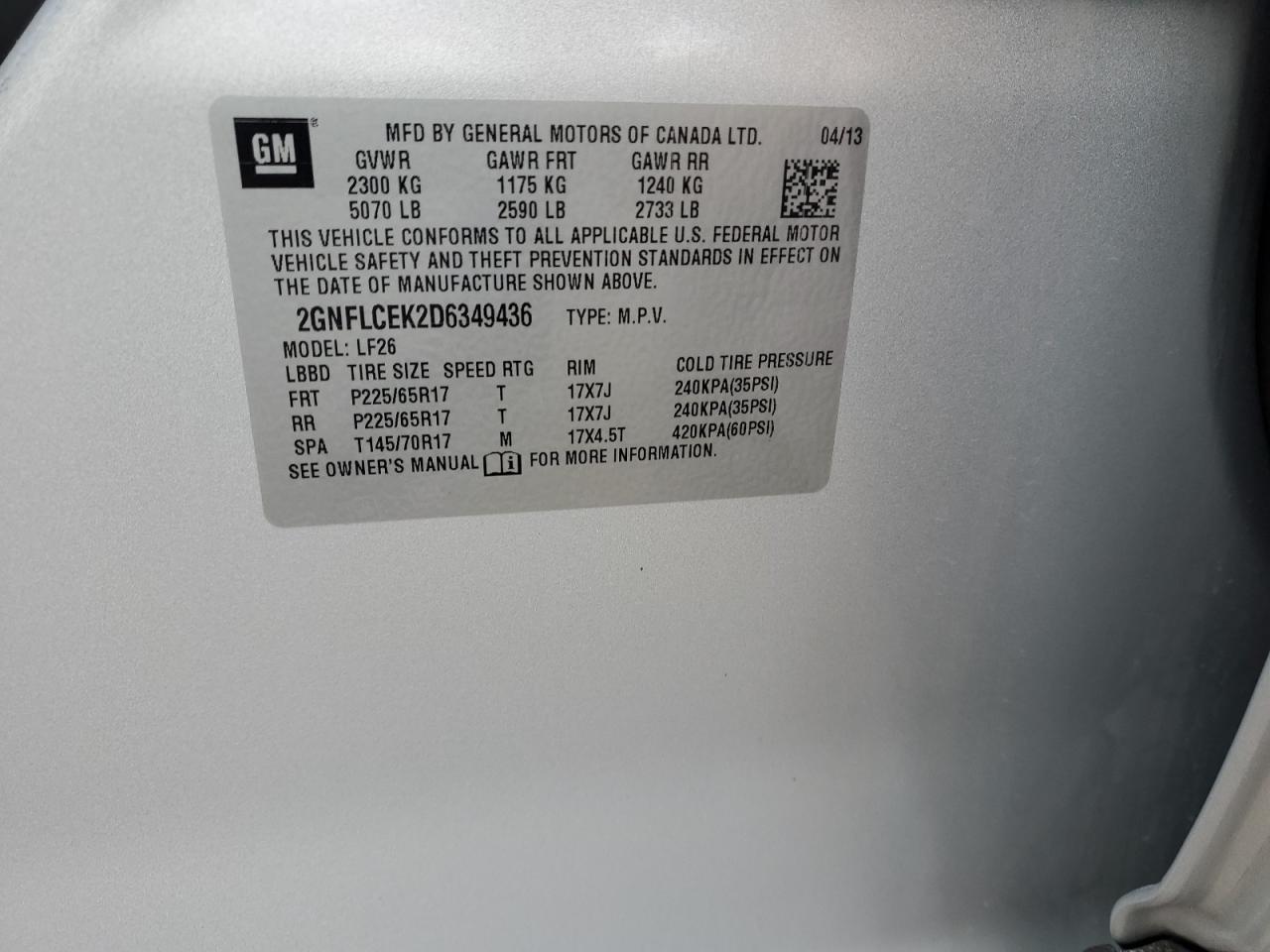 2013 Chevrolet Equinox VIN 2GNFLCEK2D6349436 Copart auction photo, rear end damage thumbnail 14