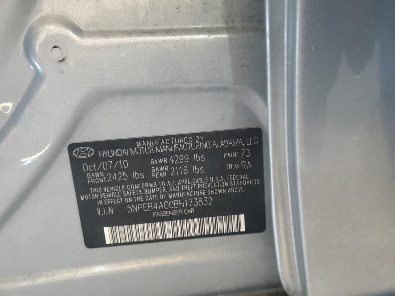 2011 Hyundai Sonata VIN 5NPEB4AC0BH173832 Copart auction photo, vandalism damage thumbnail 13