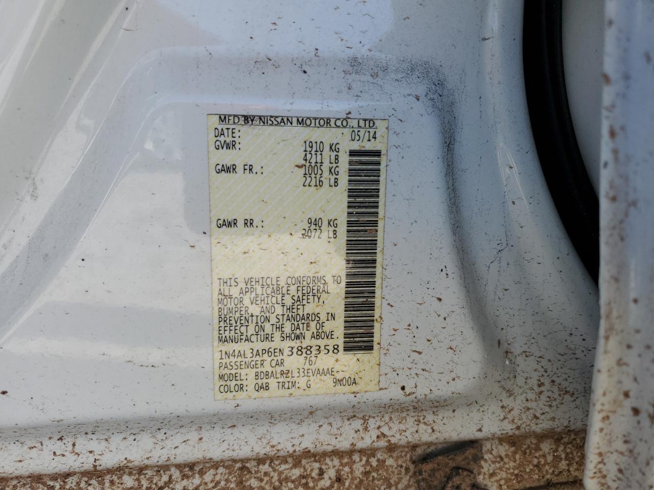 2014 Nissan Altima VIN 1N4AL3AP6EN388358 Copart auction photo, front end / side damage thumbnail 14