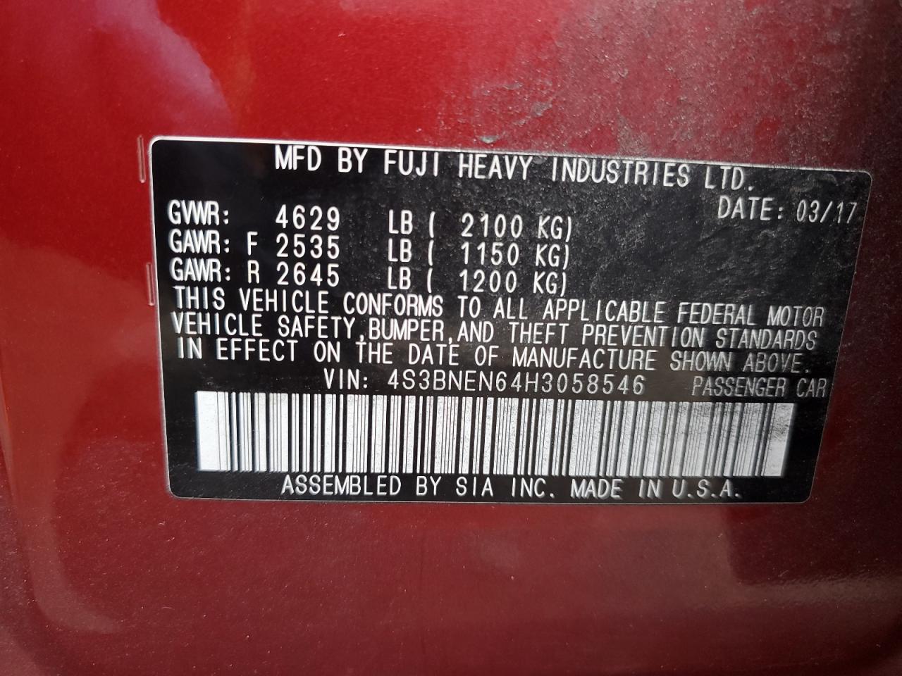 2017 Subaru Legacy VIN 4S3BNEN64H3058546 Copart auction photo, front end / minor dent/scratches damage thumbnail 14