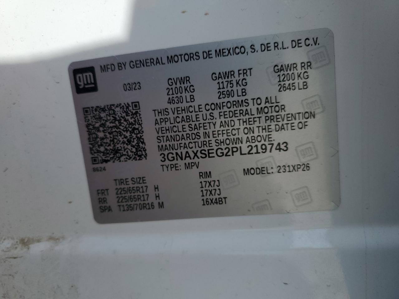 2023 Chevrolet Equinox VIN 3GNAXSEG2PL219743 Copart auction photo, side / undercarriage damage thumbnail 14