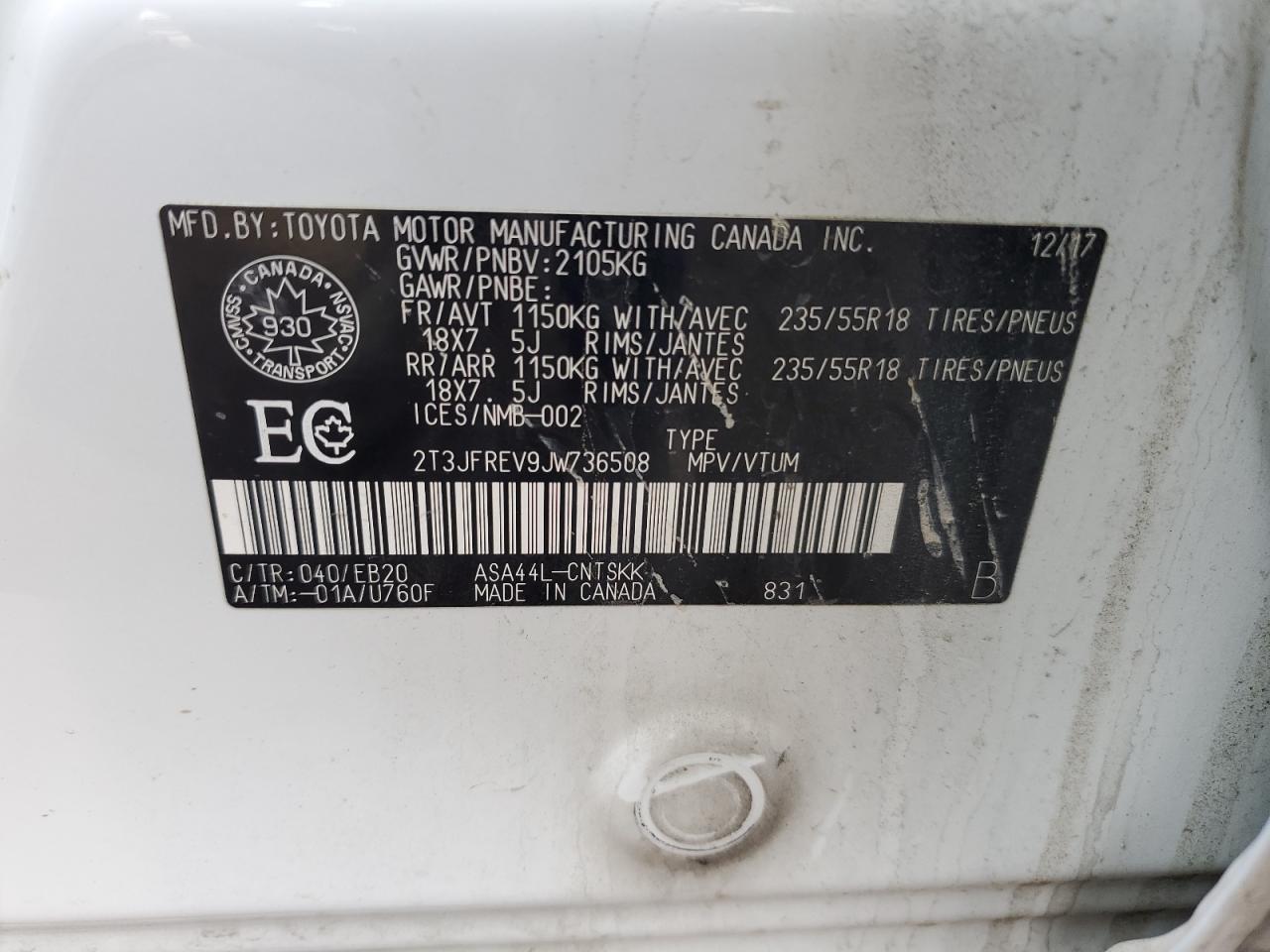 2018 Toyota RAV 4 VIN 2T3JFREV9JW736508 Copart auction photo, rear end damage thumbnail 14