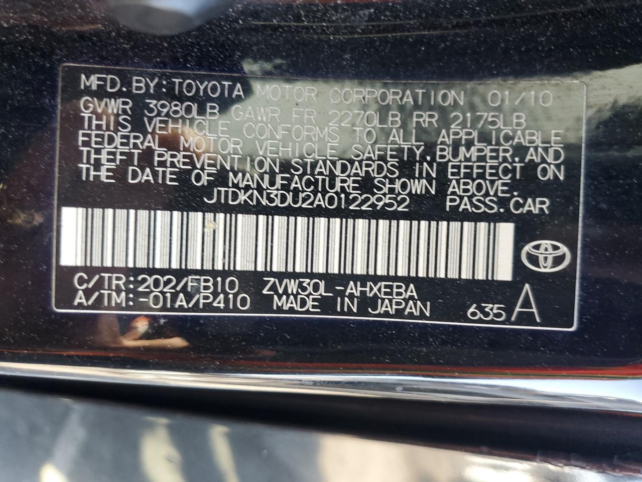 2010 Toyota Prius VIN JTDKN3DU2A0122952 Copart auction photo, front end damage thumbnail 12
