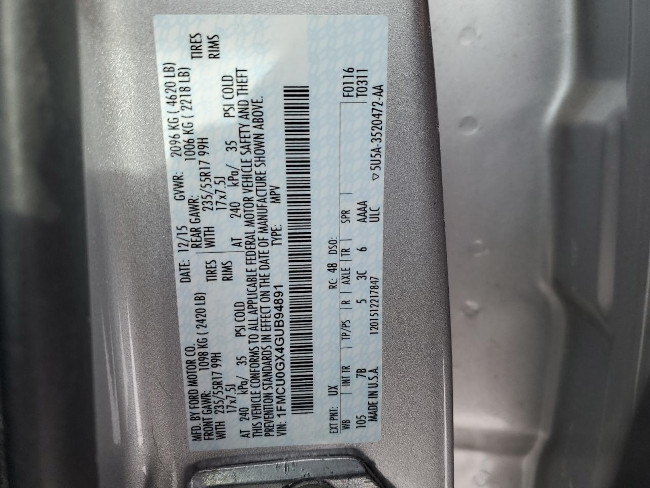 2016 Ford Escape VIN 1FMCU0GX4GUB94891 Copart auction photo, front end / side damage thumbnail 14