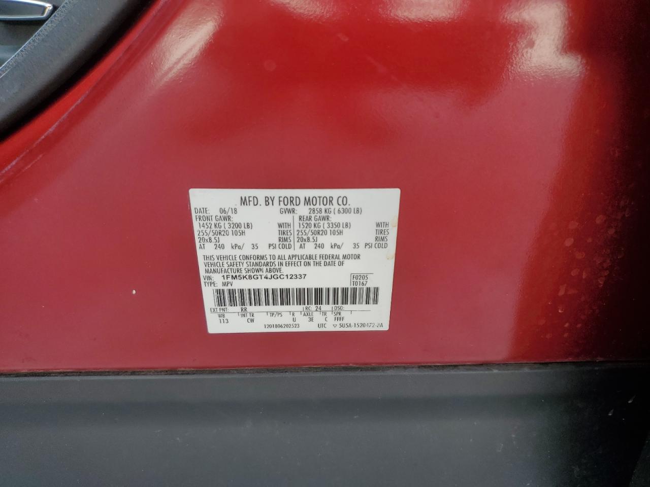 2018 Ford Explorer VIN 1FM5K8GT4JGC12337 Copart auction photo, all over damage thumbnail 16