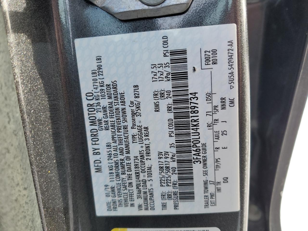 2019 Ford Fusion VIN 3FA6P0LU4KR189734 Copart auction photo, front end damage thumbnail 14