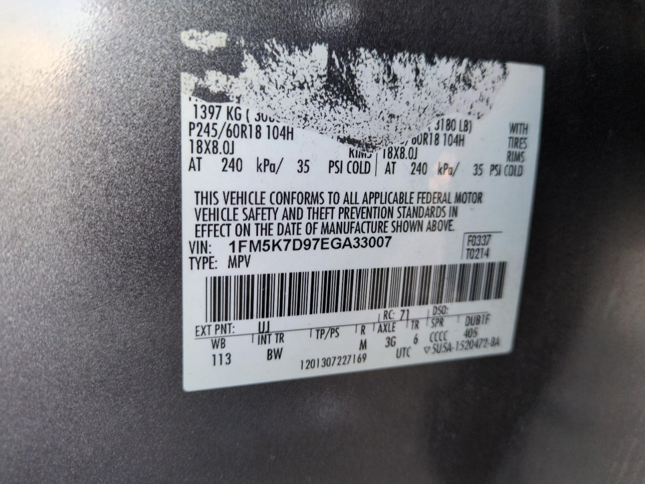 2014 Ford Explorer VIN 1FM5K7D97EGA33007 Copart auction photo, front end damage thumbnail 13