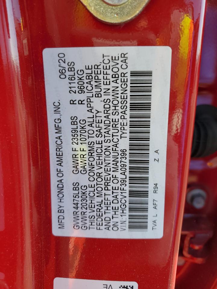 2020 Honda Accord VIN 1HGCV1F39LA097396 Copart auction photo, side / minor dent/scratches damage thumbnail 14