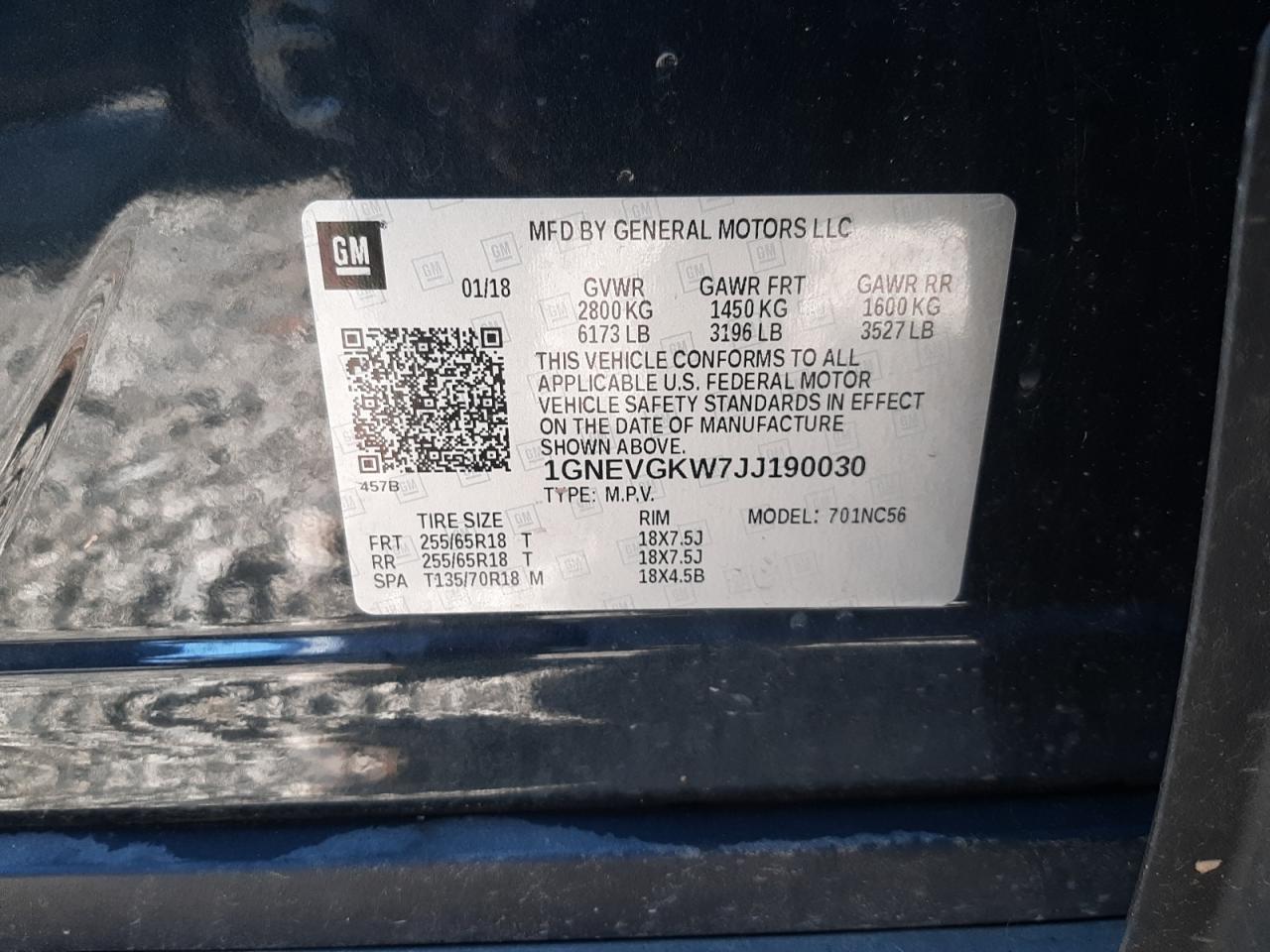 2018 Chevrolet Traverse VIN 1GNEVGKW7JJ190030 Copart auction photo, rear end damage thumbnail 14