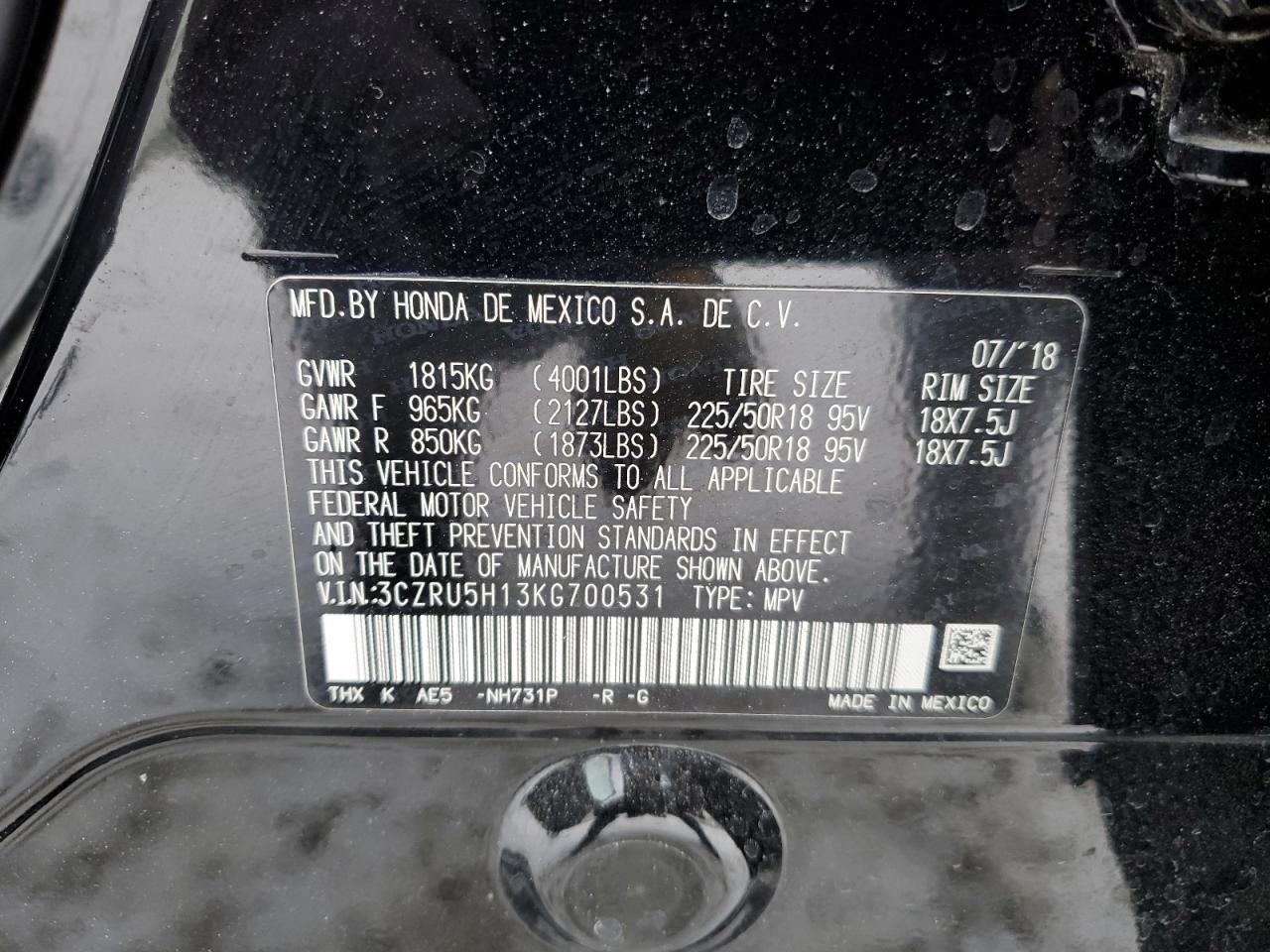 2019 Honda HR-V VIN 3CZRU5H13KG700531 Copart auction photo, front end / rear end damage thumbnail 15